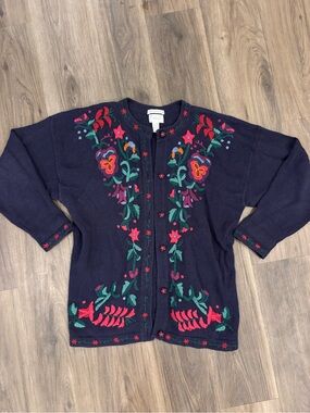 Navy Floral Embroidered Cardigan Sweater - Women